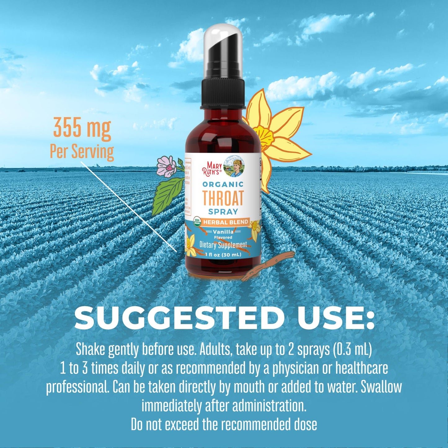 MaryRuth Organics Throat Spray – USDA Organic, 4-Herb Blend, Vanilla, 1 Fl Oz