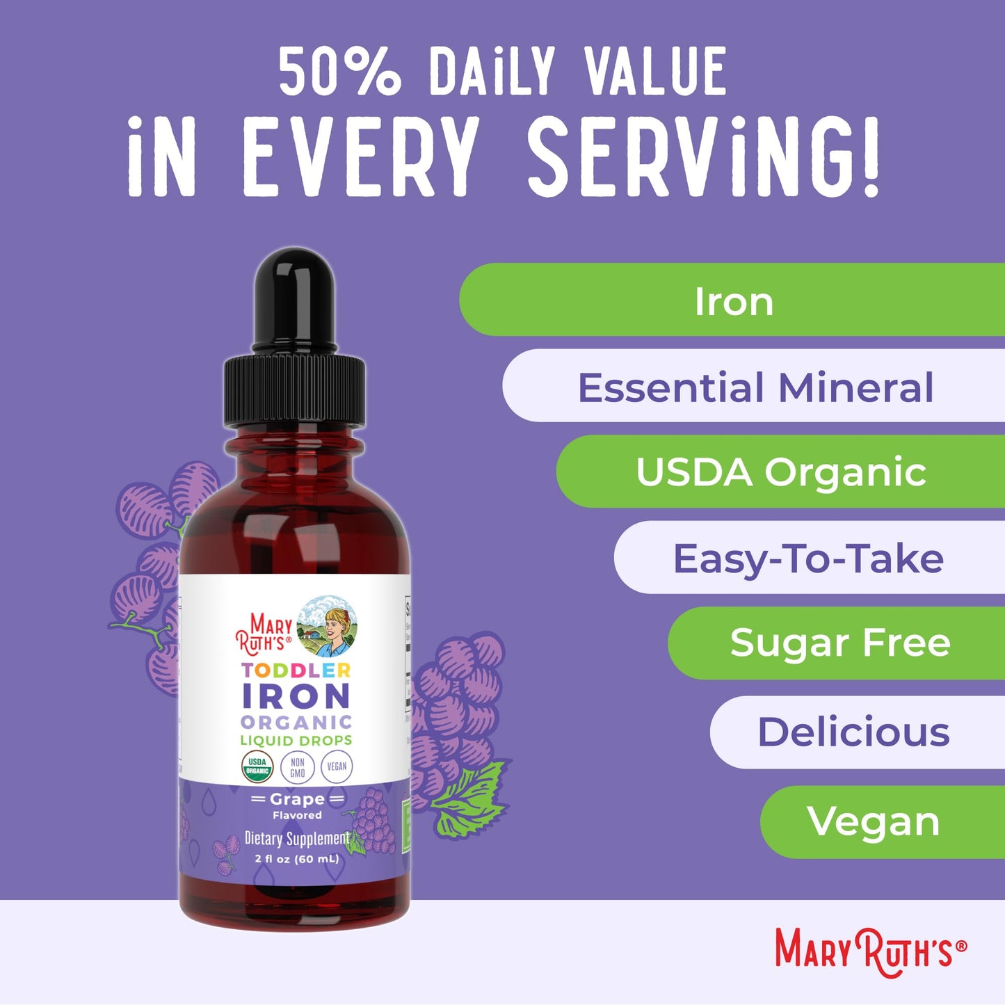MaryRuth Organics Toddler Iron Drops | Liquid Iron for Ages 1-3 | Ferrochel | Sugar Free | Vegan | 2 oz