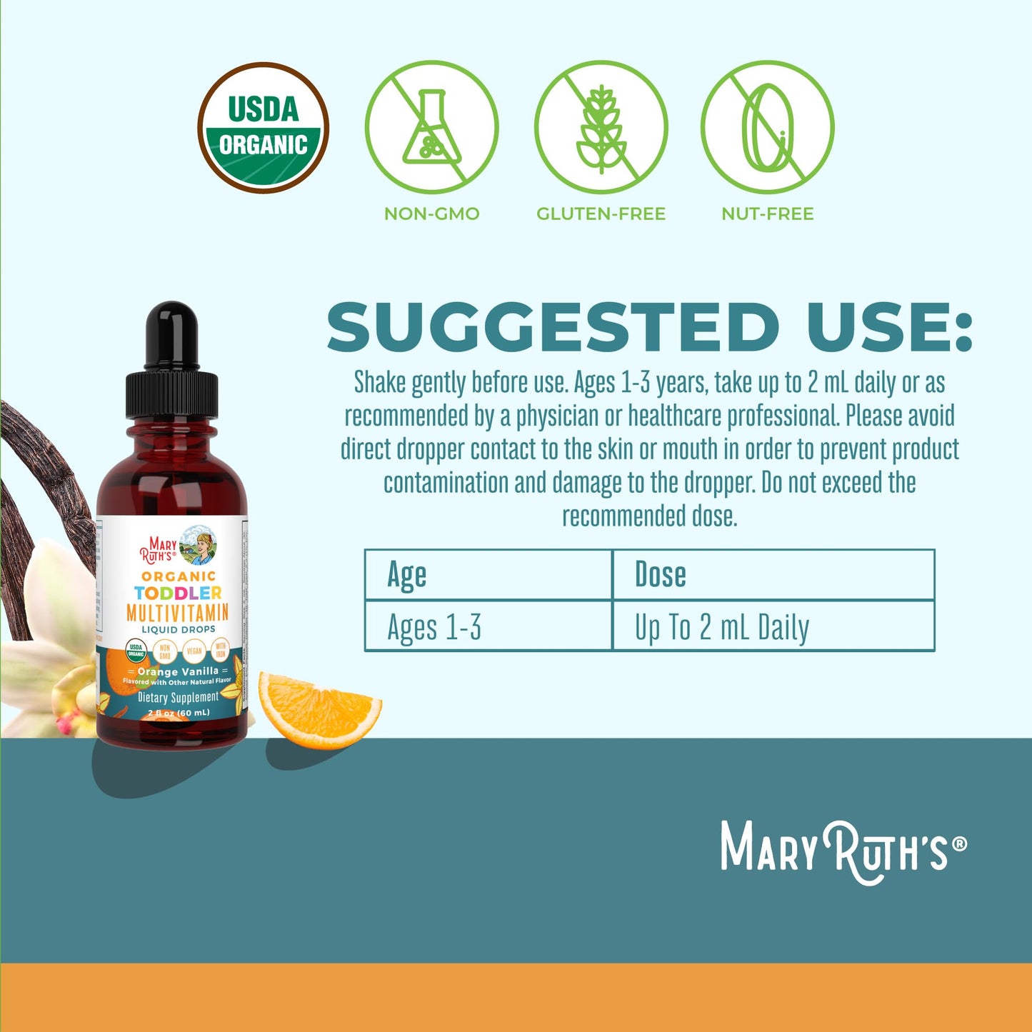 MaryRuth Organics Toddler Multivitamin Drops with Iron | USDA Organic | 2 oz