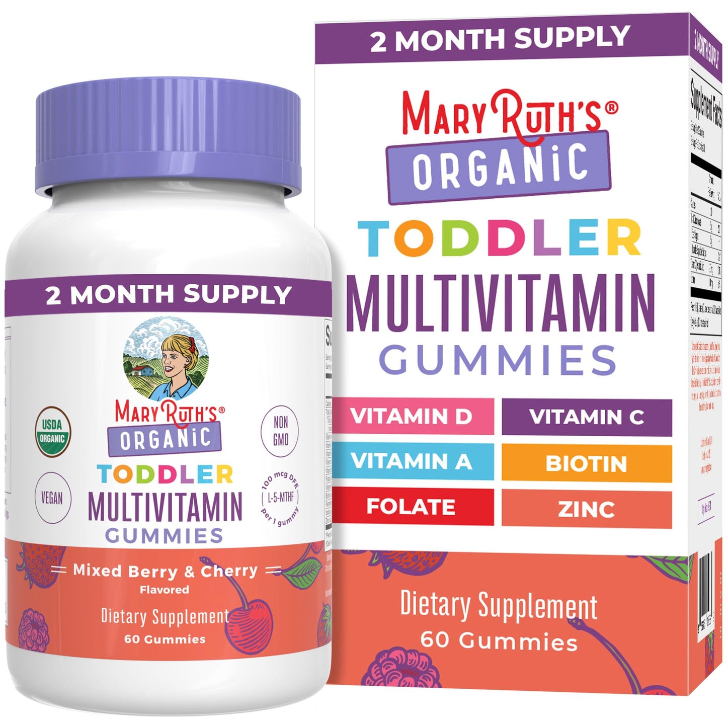 MaryRuth Organics Vitamin Gummy for Kids 2+ | USDA Organic Toddler Multivitamin with Vitamin C, D3 & Zinc (Berry & Cherry) | 2 Month Supply