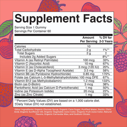 MaryRuth Organics Vitamin Gummy for Kids 2+ | USDA Organic Toddler Multivitamin with Vitamin C, D3 & Zinc (Berry & Cherry) | 2 Month Supply