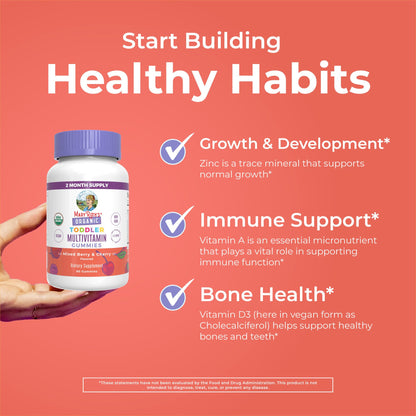 MaryRuth Organics Vitamin Gummy for Kids 2+ | USDA Organic Toddler Multivitamin with Vitamin C, D3 & Zinc (Berry & Cherry) | 2 Month Supply