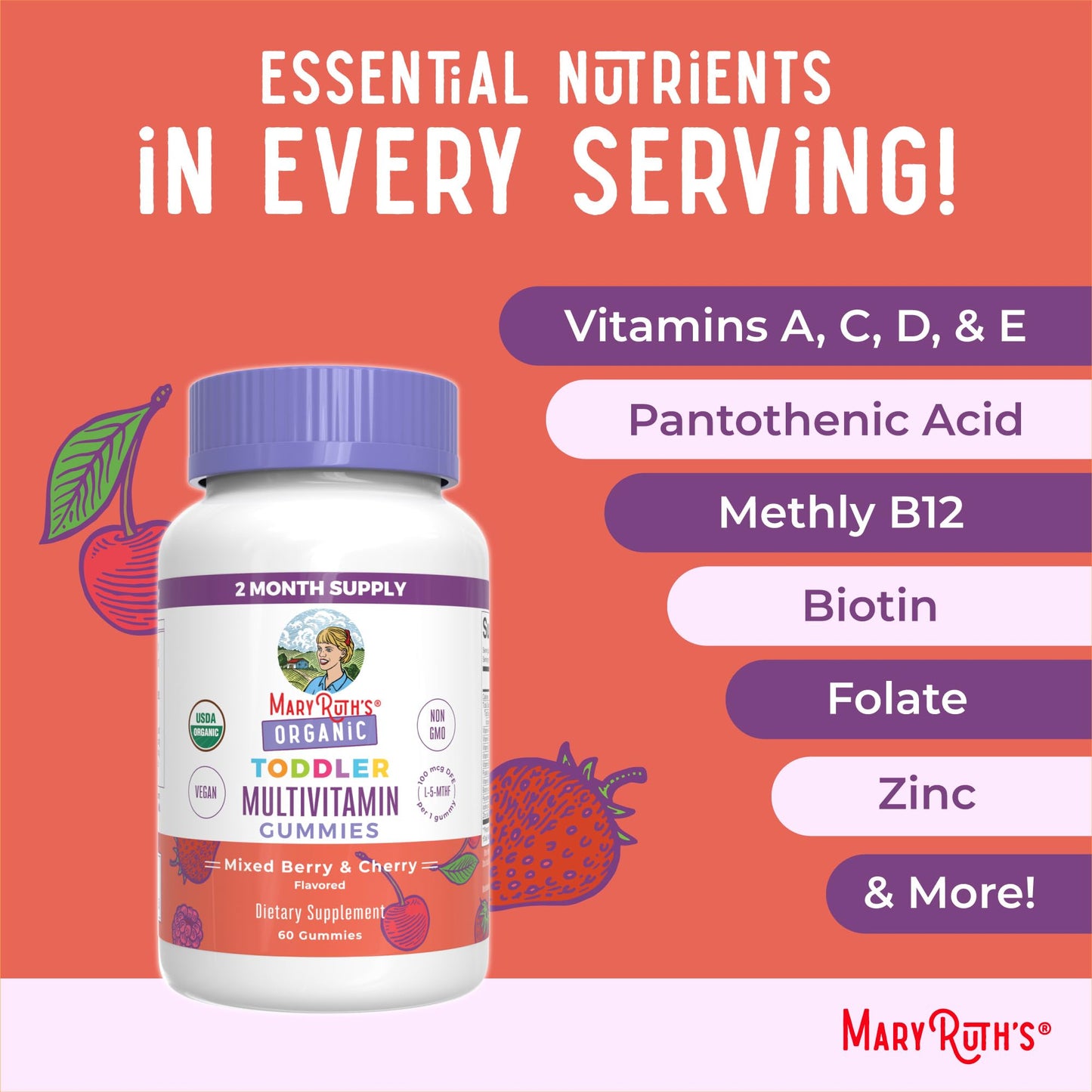 MaryRuth Organics Vitamin Gummy for Kids 2+ | USDA Organic Toddler Multivitamin with Vitamin C, D3 & Zinc (Berry & Cherry) | 2 Month Supply