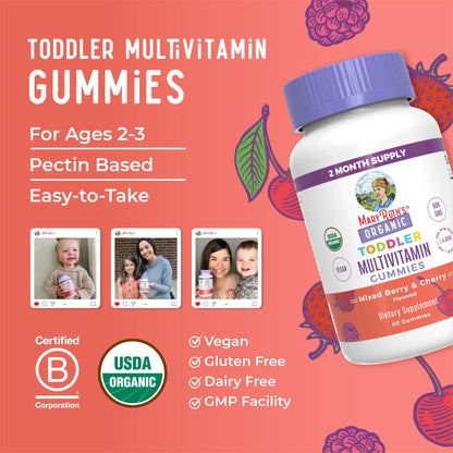 MaryRuth Organics Vitamin Gummy for Kids 2+ | USDA Organic Toddler Multivitamin with Vitamin C, D3 & Zinc (Berry & Cherry) | 2 Month Supply