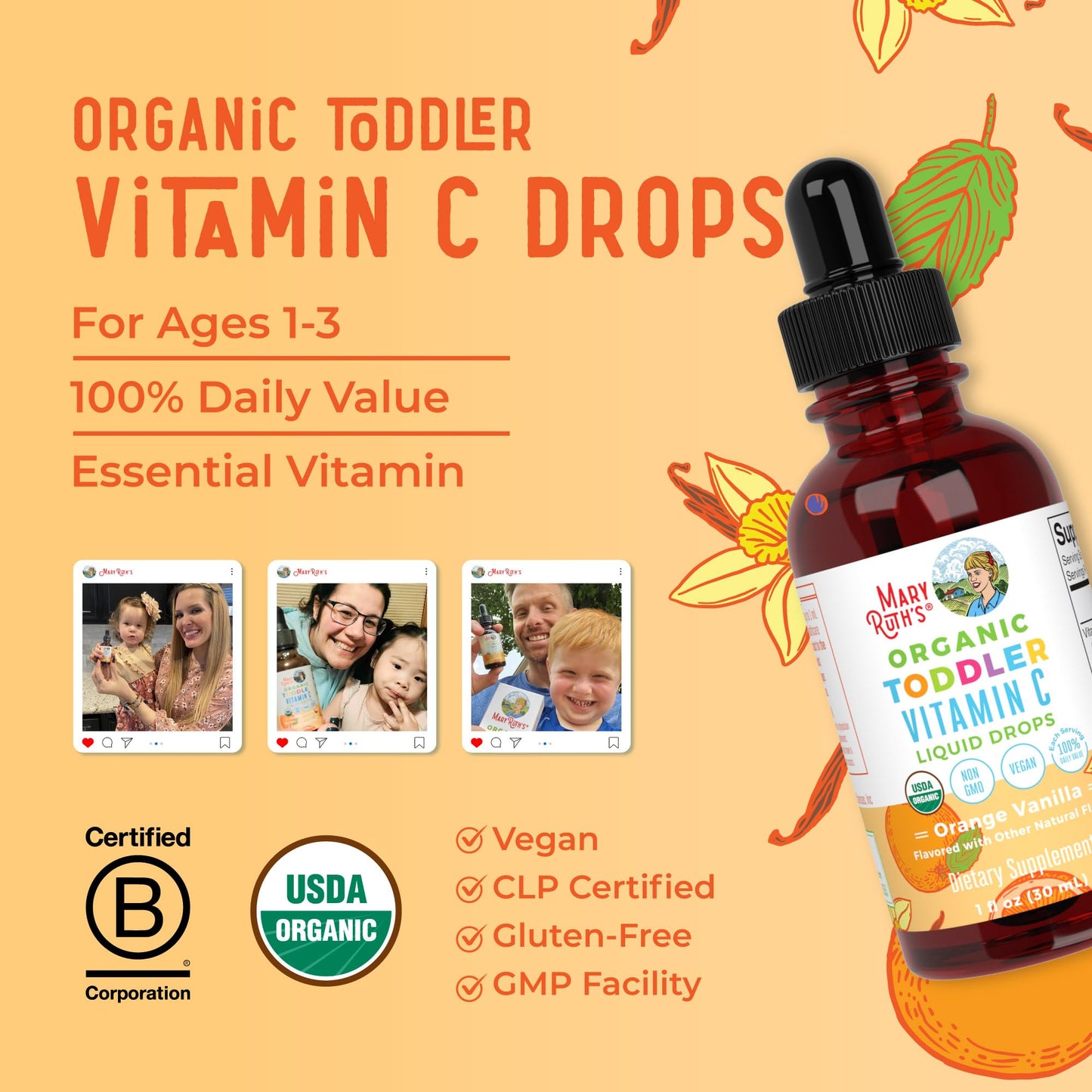 MaryRuth Organics Toddler Vitamin C Drops | USDA Organic Vitamin C for Ages 1-3 | Immune Support & Overall Health | Vegan | Non-GMO | Gluten Free | 30 Servings