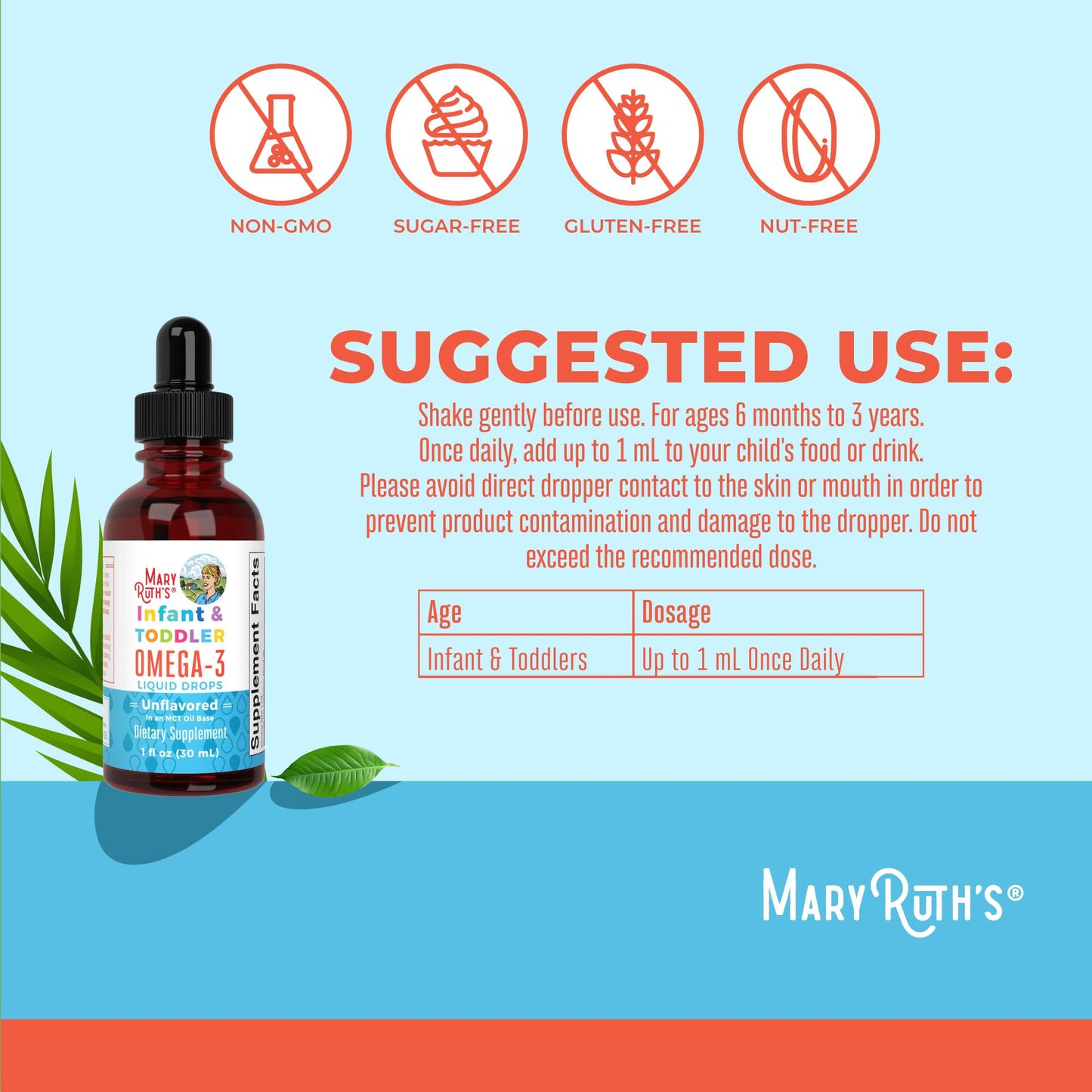 MaryRuth Organics Infant & Toddler Omega-3 Liquid Drops – 200mg DHA / 2mg EPA per Serving | Unflavored | 1 fl oz