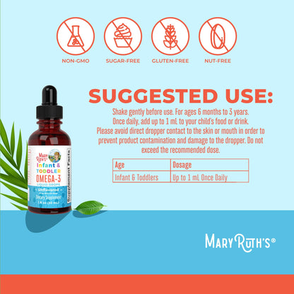 MaryRuth Organics Infant & Toddler Omega-3 Liquid Drops – 200mg DHA / 2mg EPA per Serving | Unflavored | 1 fl oz