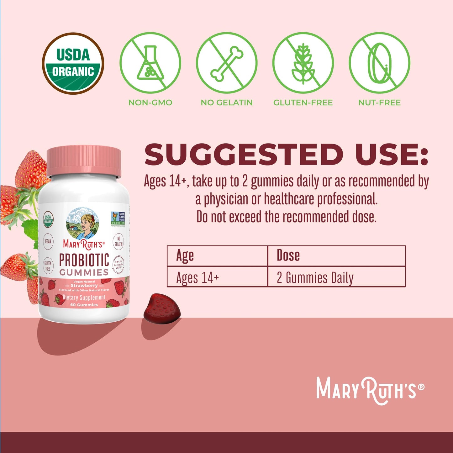 MaryRuth Organics USDA Organic Probiotic Gummies – 5 Billion CFU, 60 Count | Probiotics for Women & Men, Digestive Health & Gut Comfort