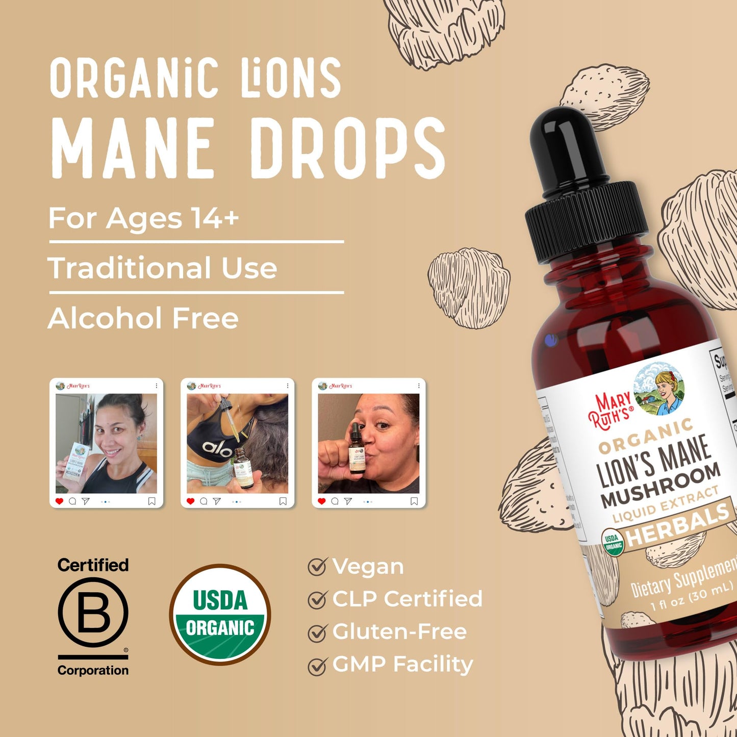 MaryRuth Organics Lions Mane Mushroom Supplement – USDA Organic, Nootropic, 1 Fl Oz