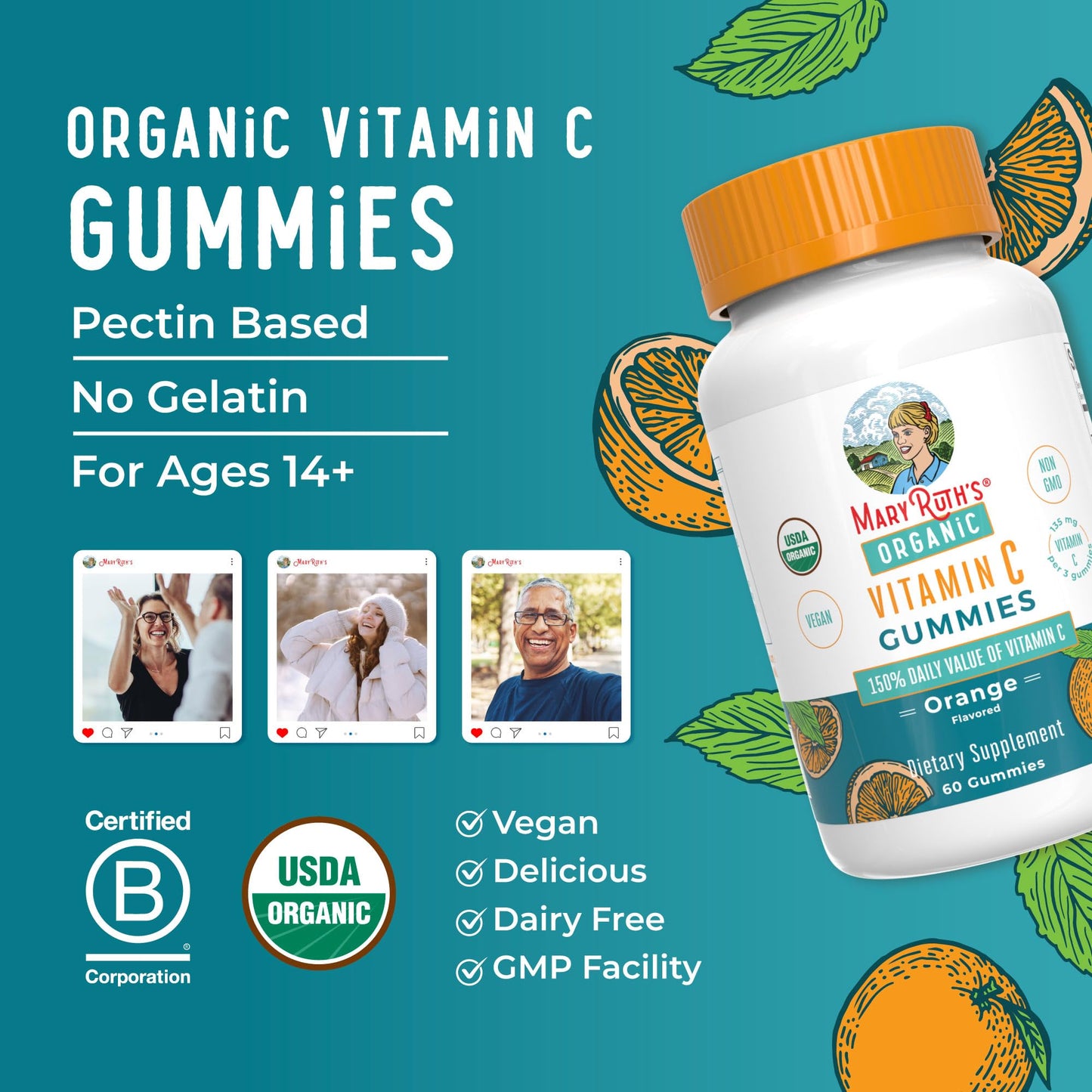 MaryRuth Organics Vitamin C Gummies | USDA Organic - Vegan, Non-GMO - Immune Support & Wellness - Orange Flavor - 60 Count