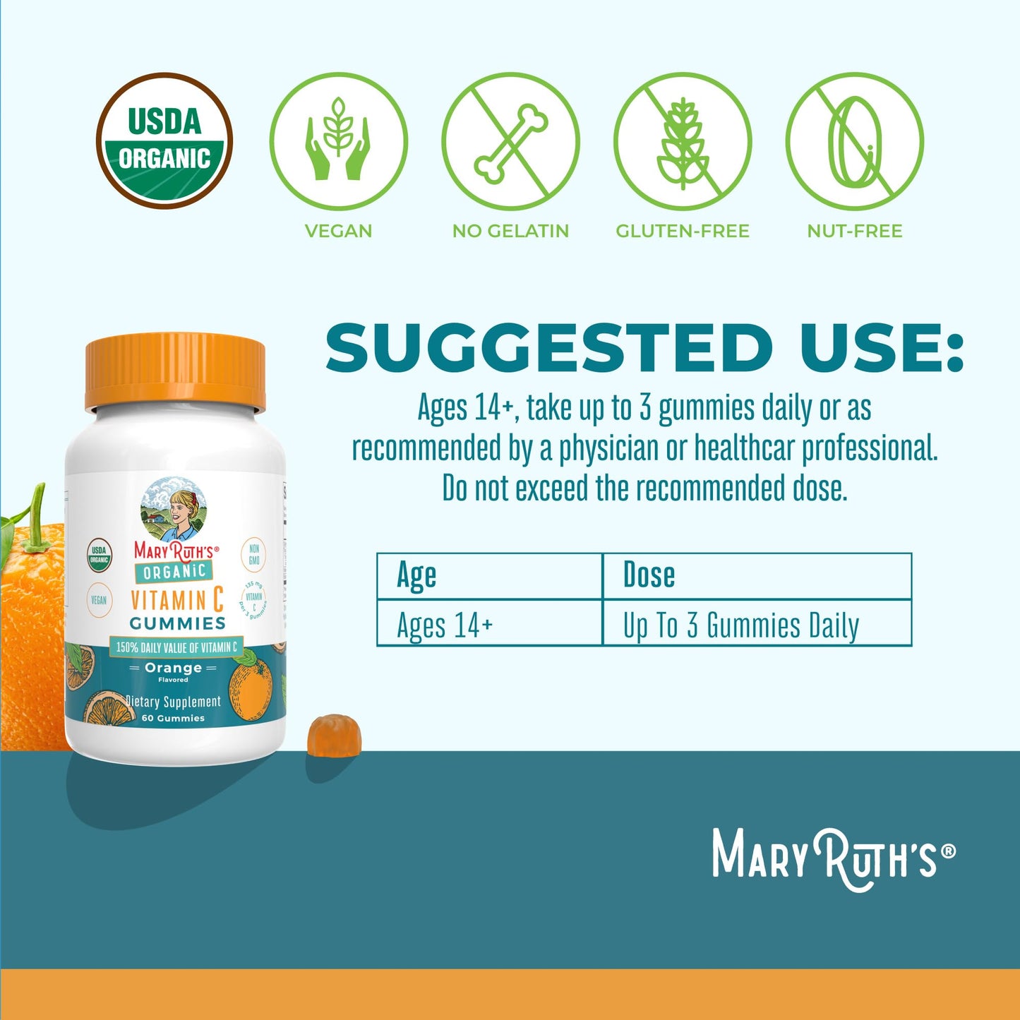 MaryRuth Organics Vitamin C Gummies | USDA Organic - Vegan, Non-GMO - Immune Support & Wellness - Orange Flavor - 60 Count
