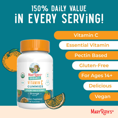 MaryRuth Organics Vitamin C Gummies | USDA Organic - Vegan, Non-GMO - Immune Support & Wellness - Orange Flavor - 60 Count