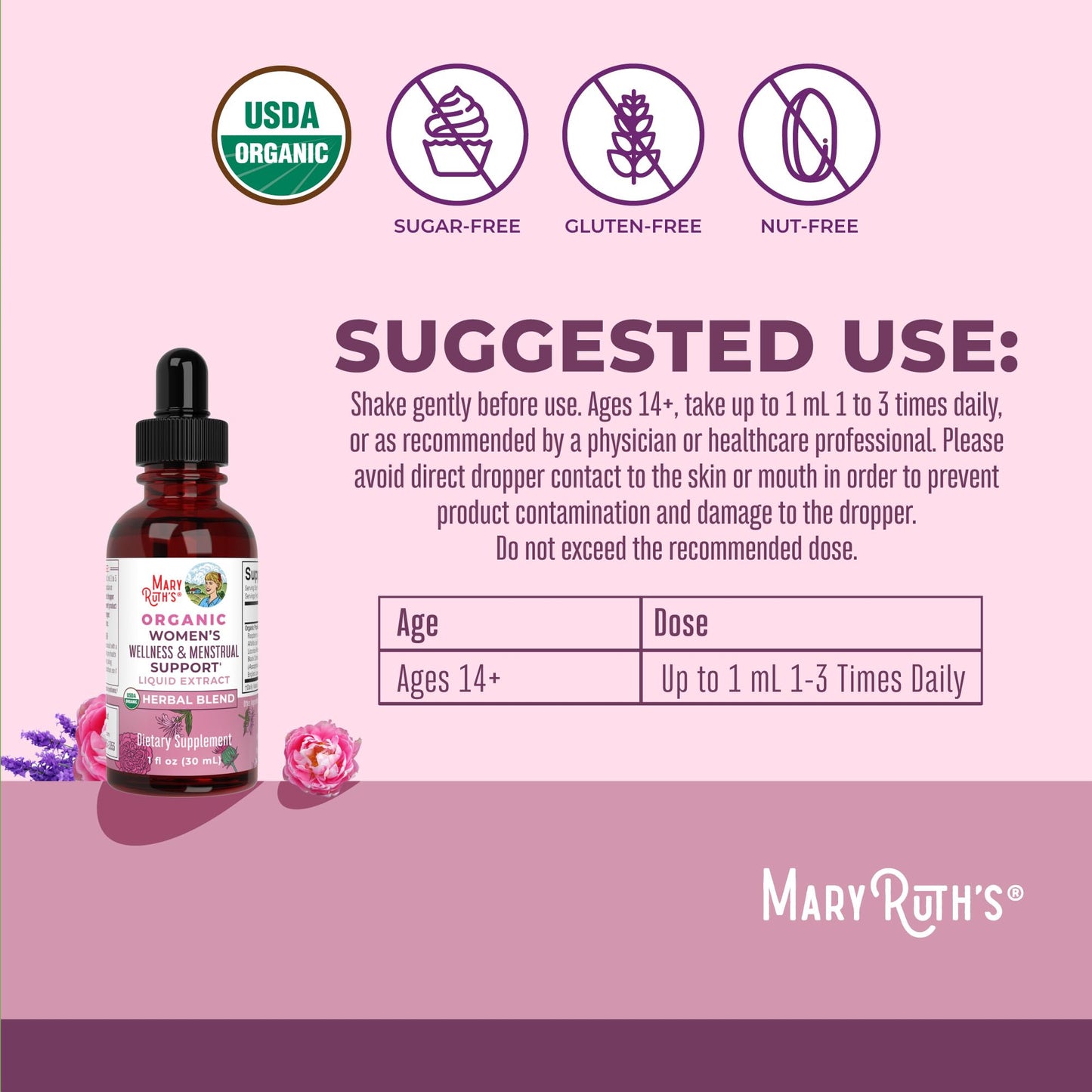 MaryRuth Organics USDA Organic Women's Wellness Liquid Herbal Drops – Menstrual Support (Vegan, Non-GMO)