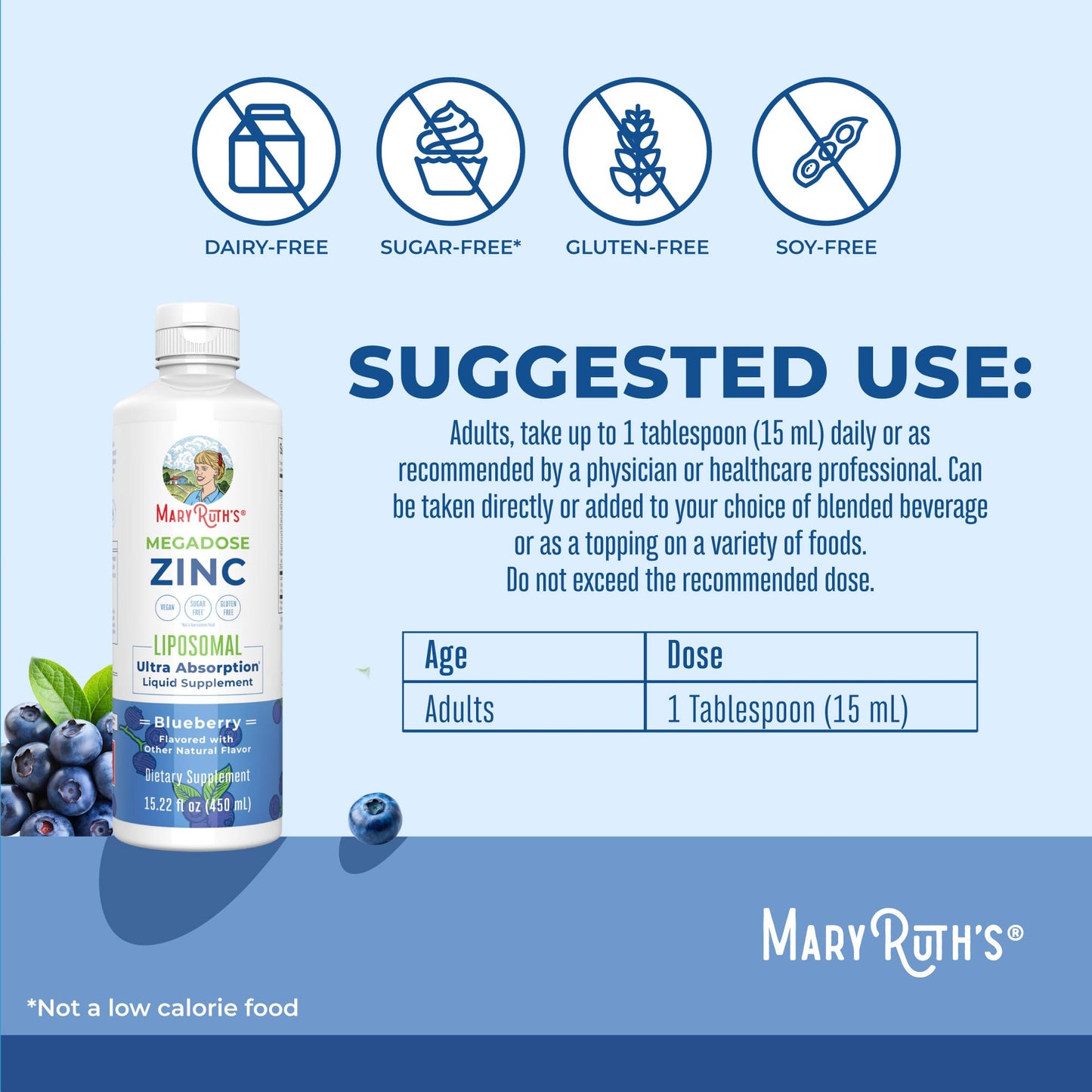 MaryRuth Liposomal Zinc with Vitamin E | Blueberry Flavor | Vegan, Non-GMO | 15.22 fl oz