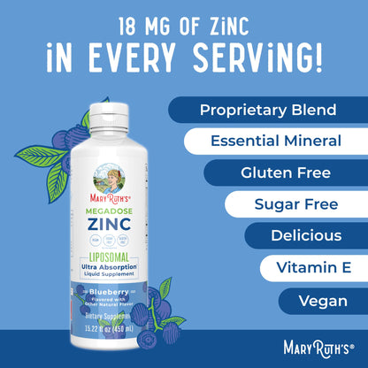 MaryRuth Liposomal Zinc with Vitamin E | Blueberry Flavor | Vegan, Non-GMO | 15.22 fl oz