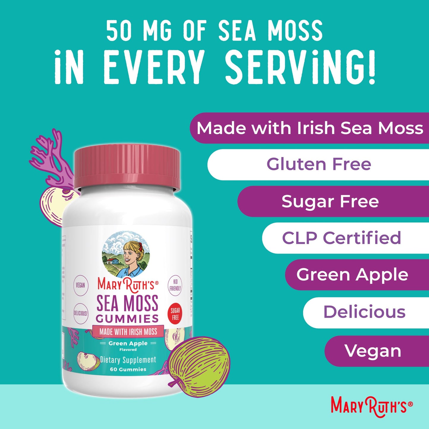 MaryRuth Sea Moss Gummies – Sugar Free, Vegan, Gluten Free | 60 Count