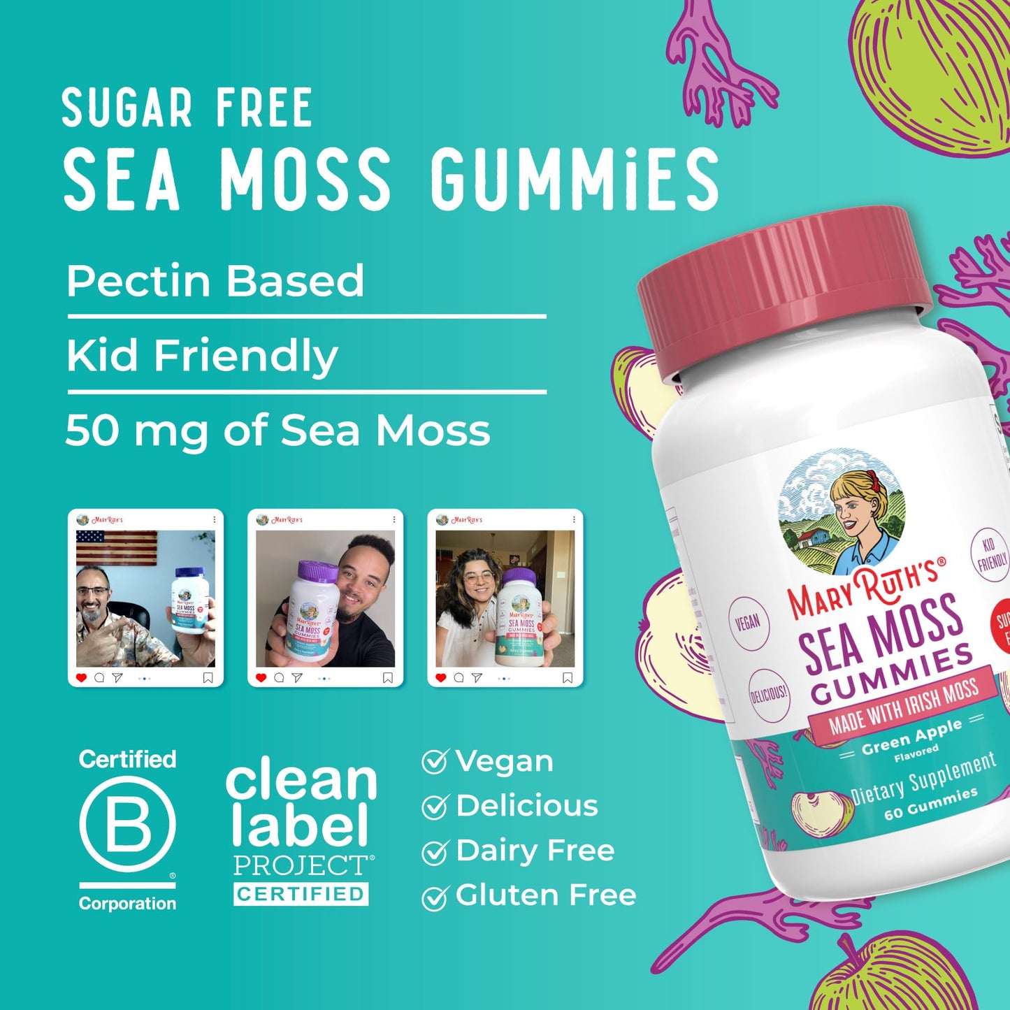 MaryRuth Sea Moss Gummies – Sugar Free, Vegan, Gluten Free | 60 Count