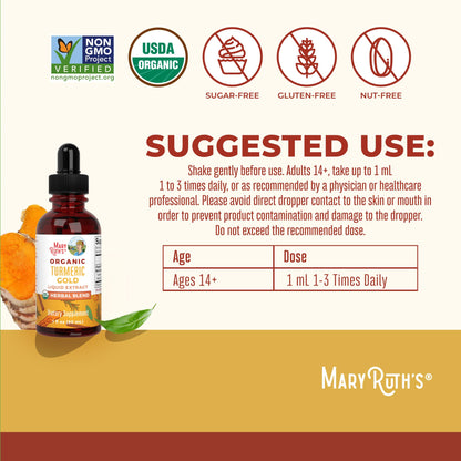 MaryRuth Organics USDA Turmeric Gold Liquid Drops | Immune Support | Vegan | 1oz