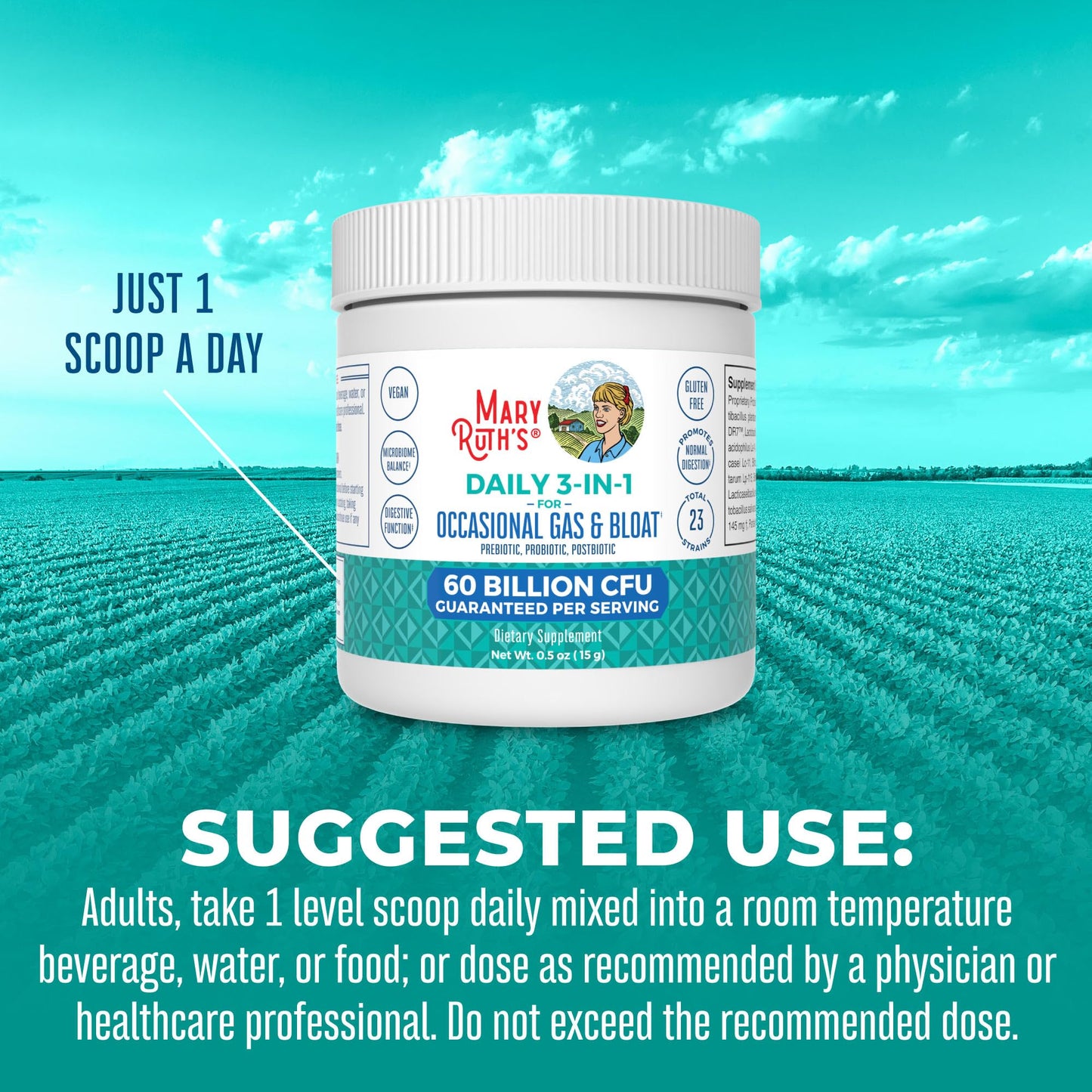 MaryRuth’s 3-in-1 Gas & Bloat Probiotic Powder | 60B CFU, 23 Strains
