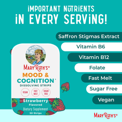 Mood & Cognition Dissolving Strips by MaryRuth's – B Vitamins, Saffron, Strawberry