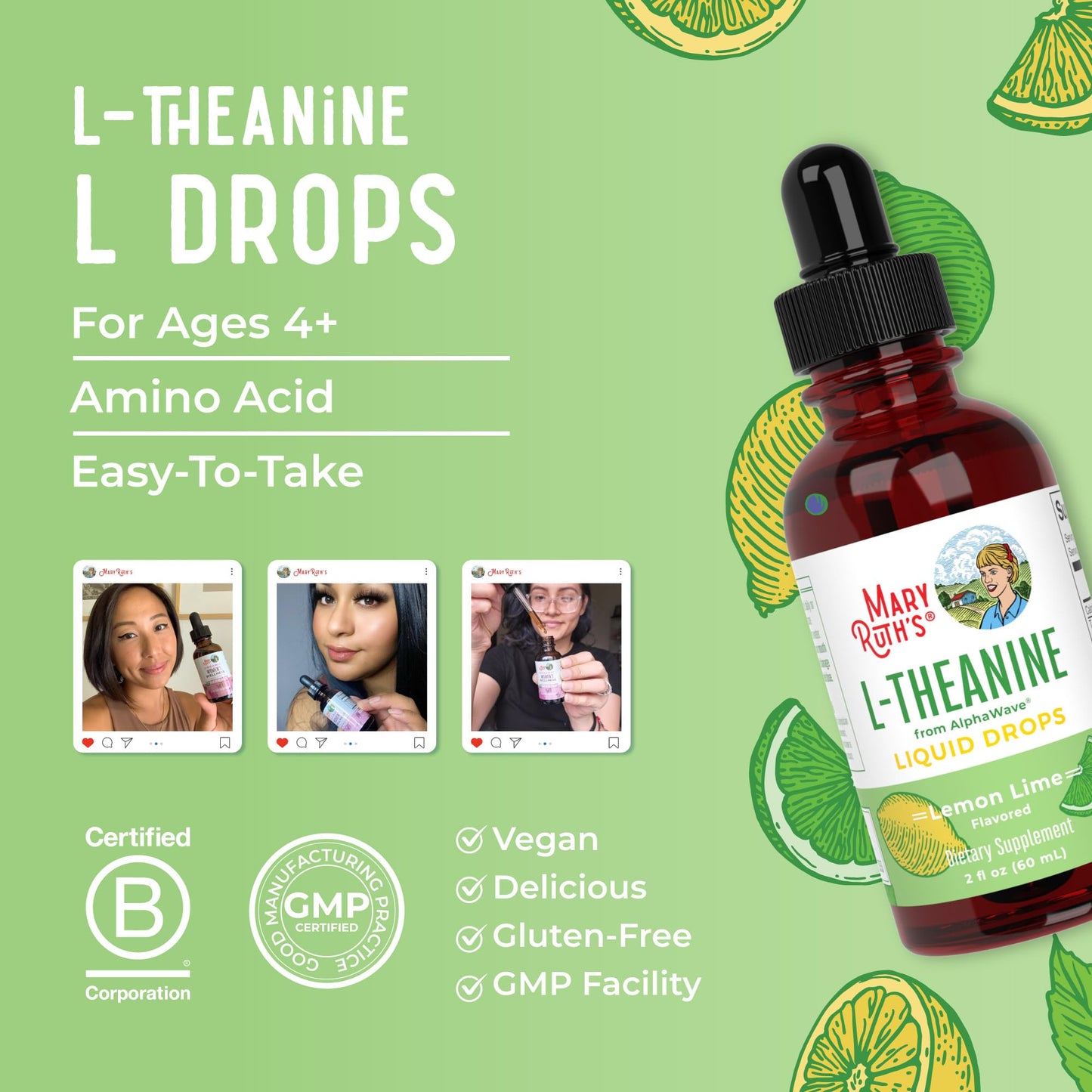 MaryRuth's L-Theanine 200mg Liquid Drops - Mood, Focus & Sleep Support | Vegan, Non-GMO, Gluten Free | 30 Servings