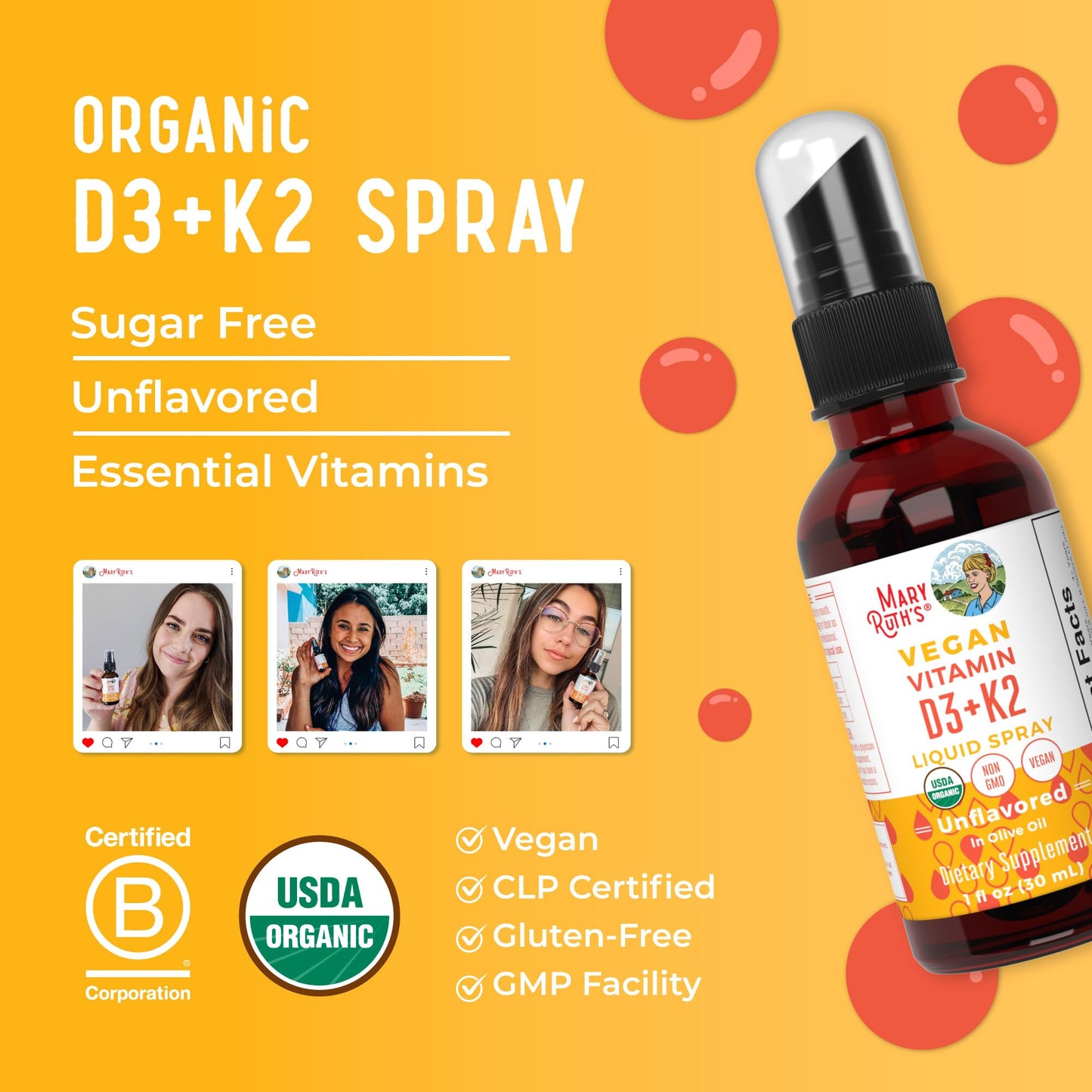 MaryRuth's Vitamin D3 + K2 Liquid Spray | Vegan, Organic, Gluten Free | 1 fl oz