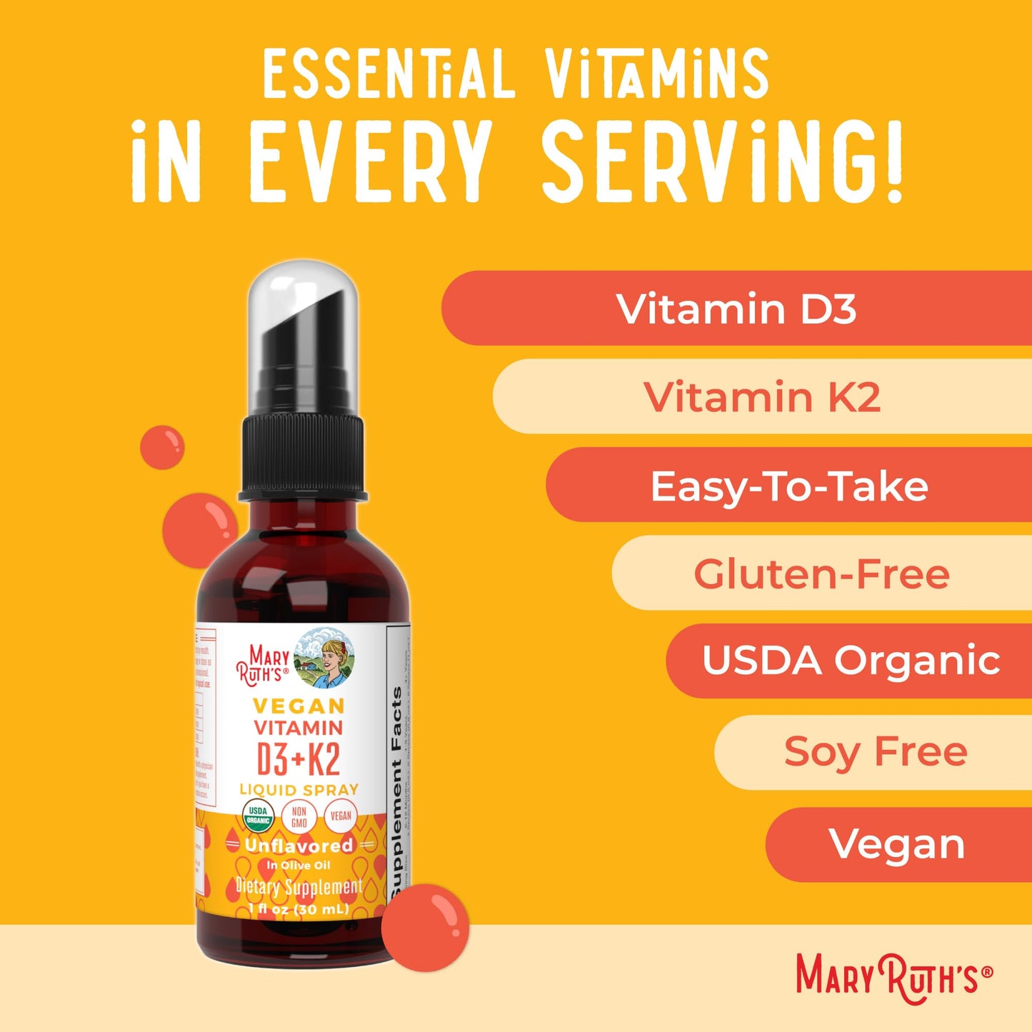 MaryRuth's Vitamin D3 + K2 Liquid Spray | Vegan, Organic, Gluten Free | 1 fl oz