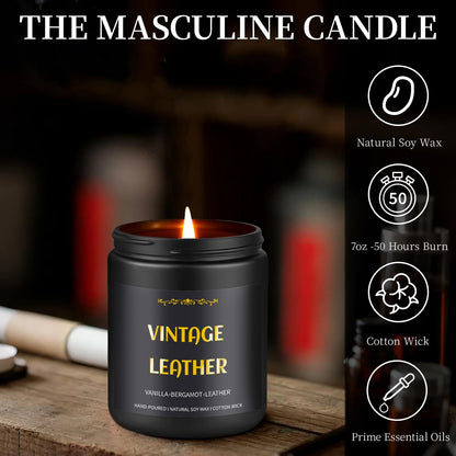 Vintage Leather Candle – 9 oz Soy Wax, Masculine Scented Jar Candle for Men | 50 Hours Burn Time
