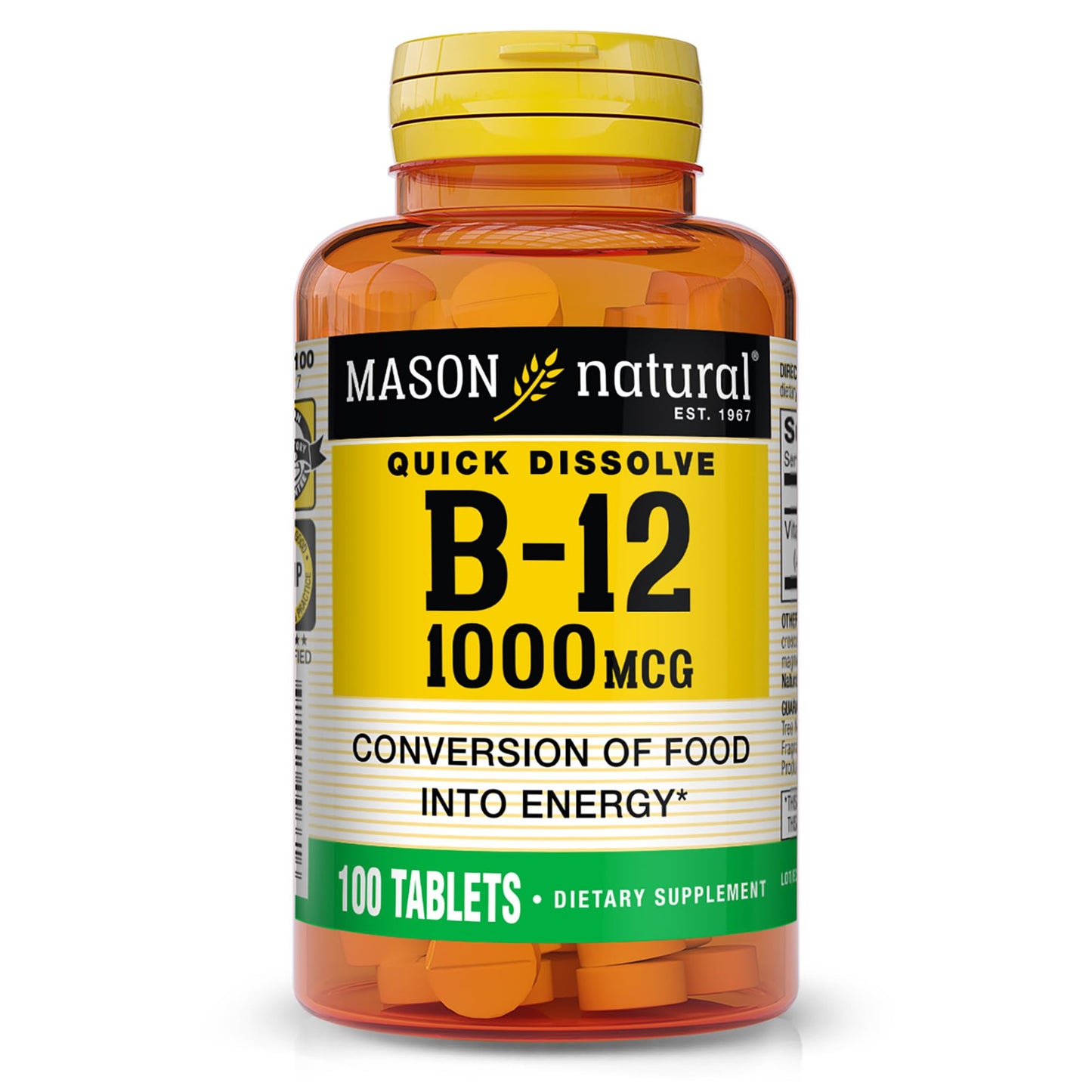 Mason Natural Vitamin B12 1000 mcg Quick Dissolve Tablets | Fast Absorption, Supports Energy & Nerve Function, 100 Tablets