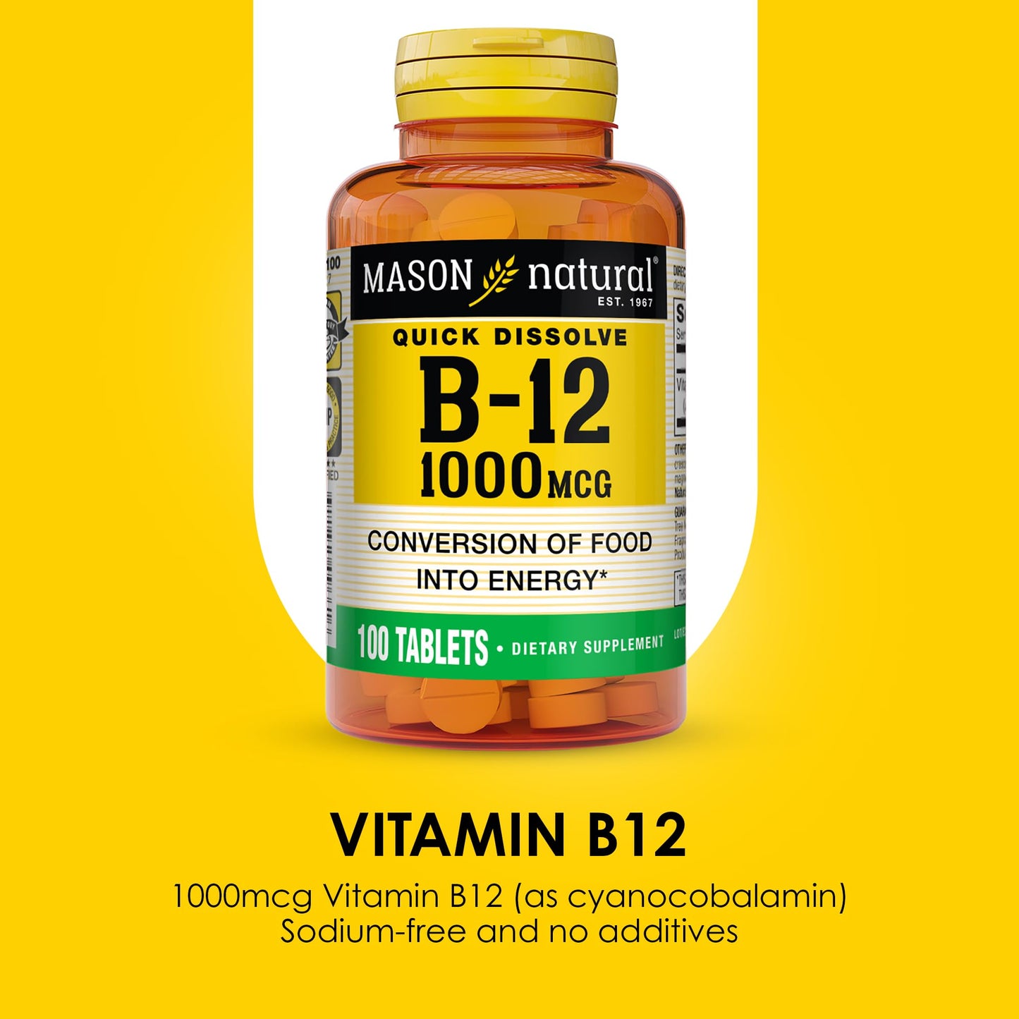 Mason Natural Vitamin B12 1000 mcg Quick Dissolve Tablets | Fast Absorption, Supports Energy & Nerve Function, 100 Tablets