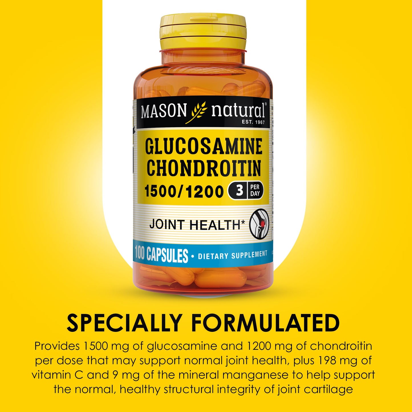 Mason Natural Glucosamine Chondroitin 1500/1200 with Vitamin C – Joint Health & Mobility, 100 Capsules