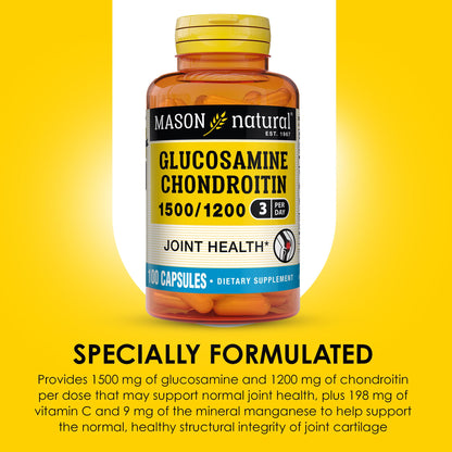 Mason Natural Glucosamine Chondroitin 1500/1200 with Vitamin C – Joint Health & Mobility, 100 Capsules