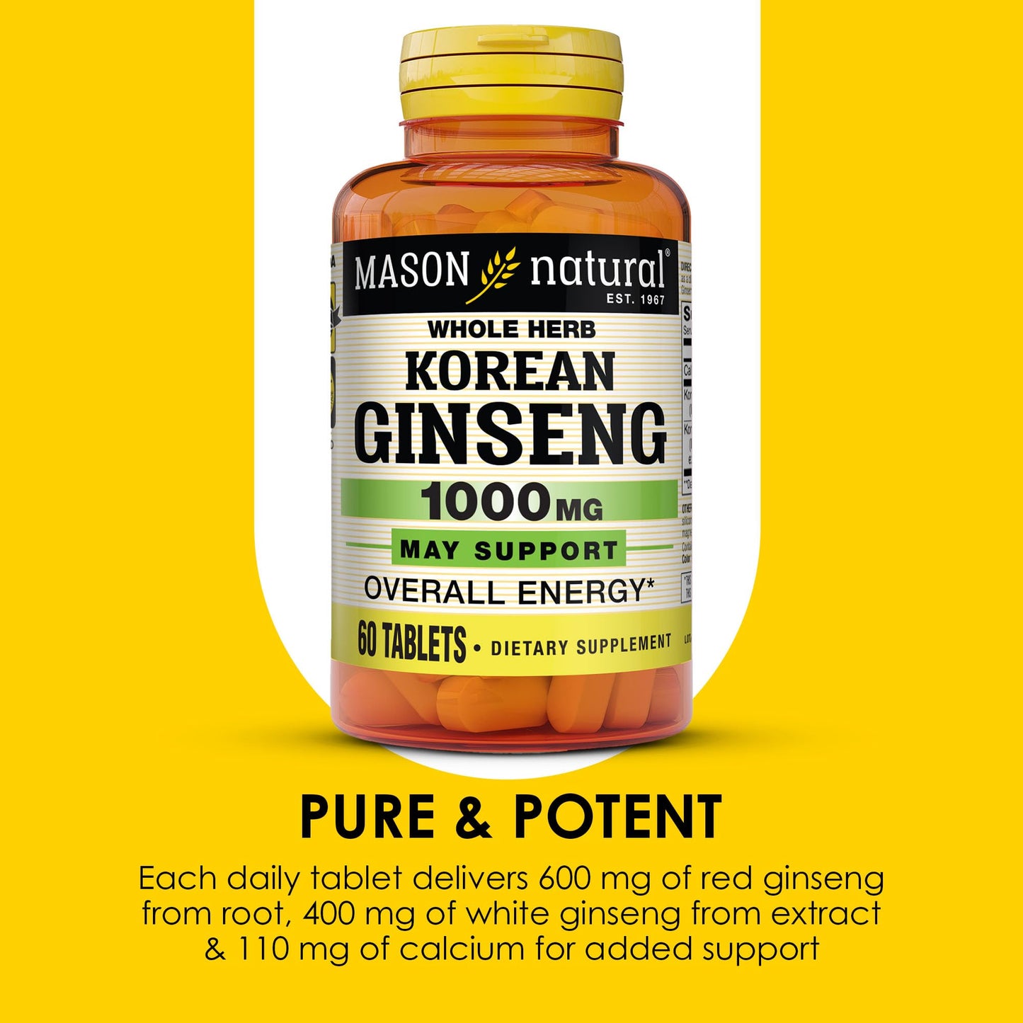 Mason Natural Korean Ginseng 1,000 mg – Energy, Endurance & Vitality (60 Tablets)