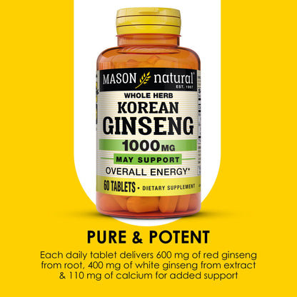 Mason Natural Korean Ginseng 1,000 mg – Energy, Endurance & Vitality (60 Tablets)
