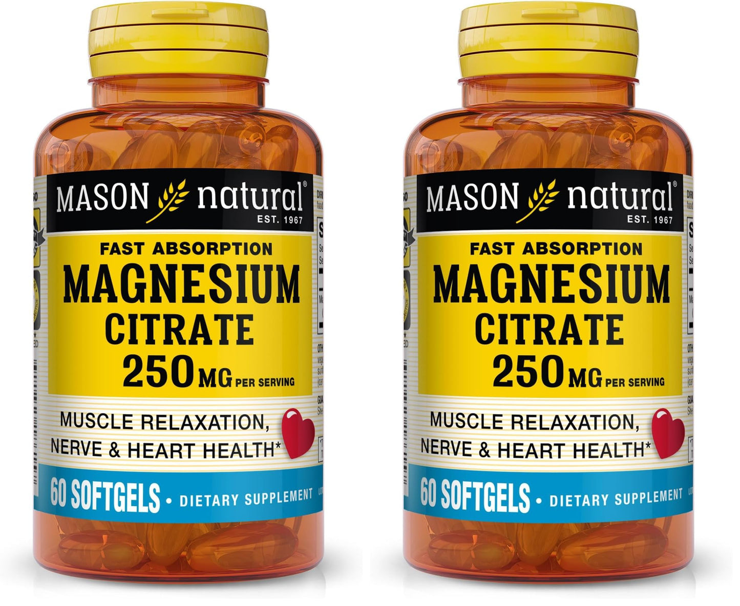 Mason Natural Magnesium Citrate 250 mg Softgels – 30 Day Supply (Pack of 2)