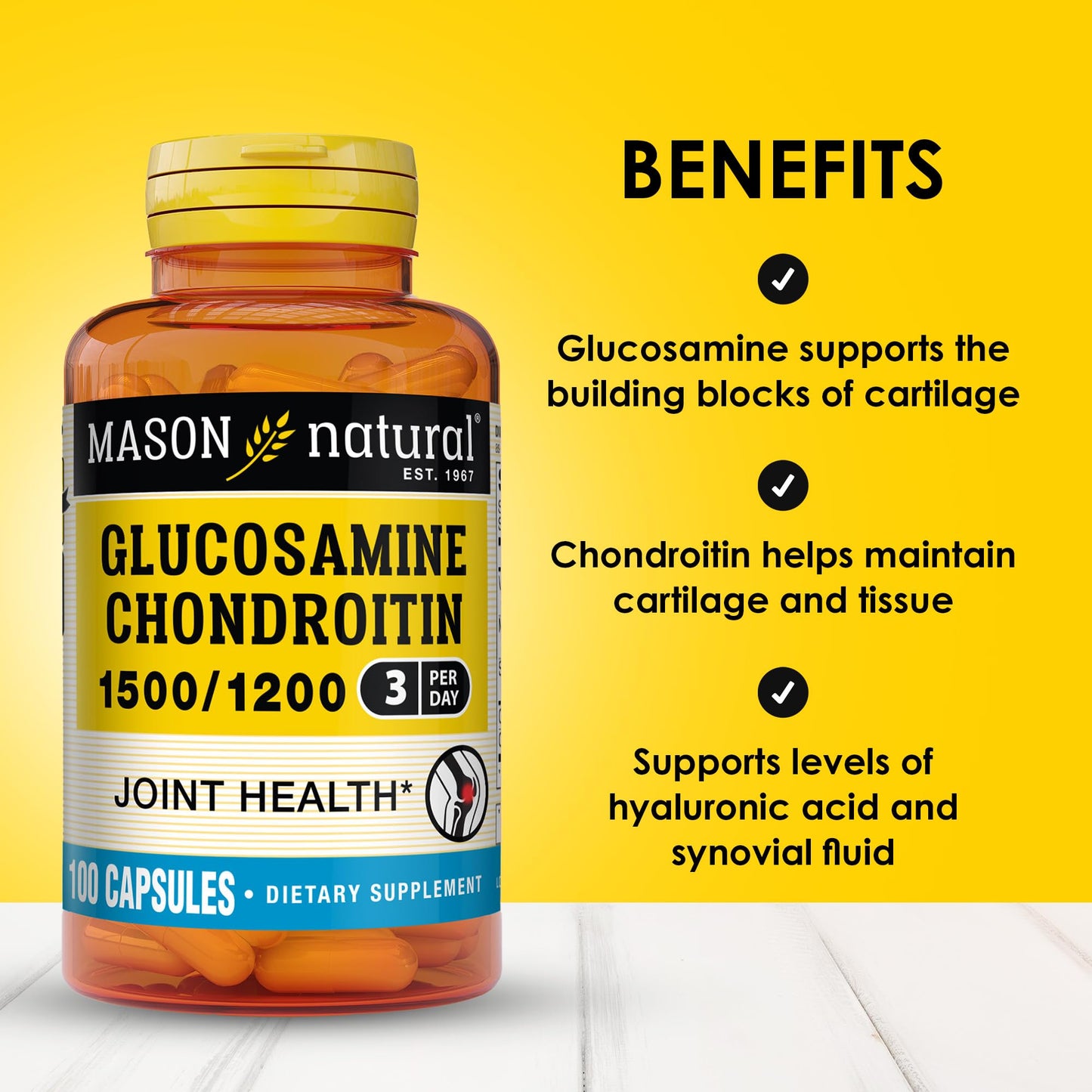 Mason Natural Glucosamine Chondroitin 1500/1200 with Vitamin C – Joint Health & Mobility, 100 Capsules