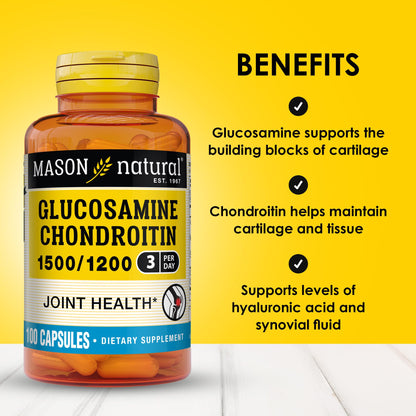 Mason Natural Glucosamine Chondroitin 1500/1200 with Vitamin C – Joint Health & Mobility, 100 Capsules