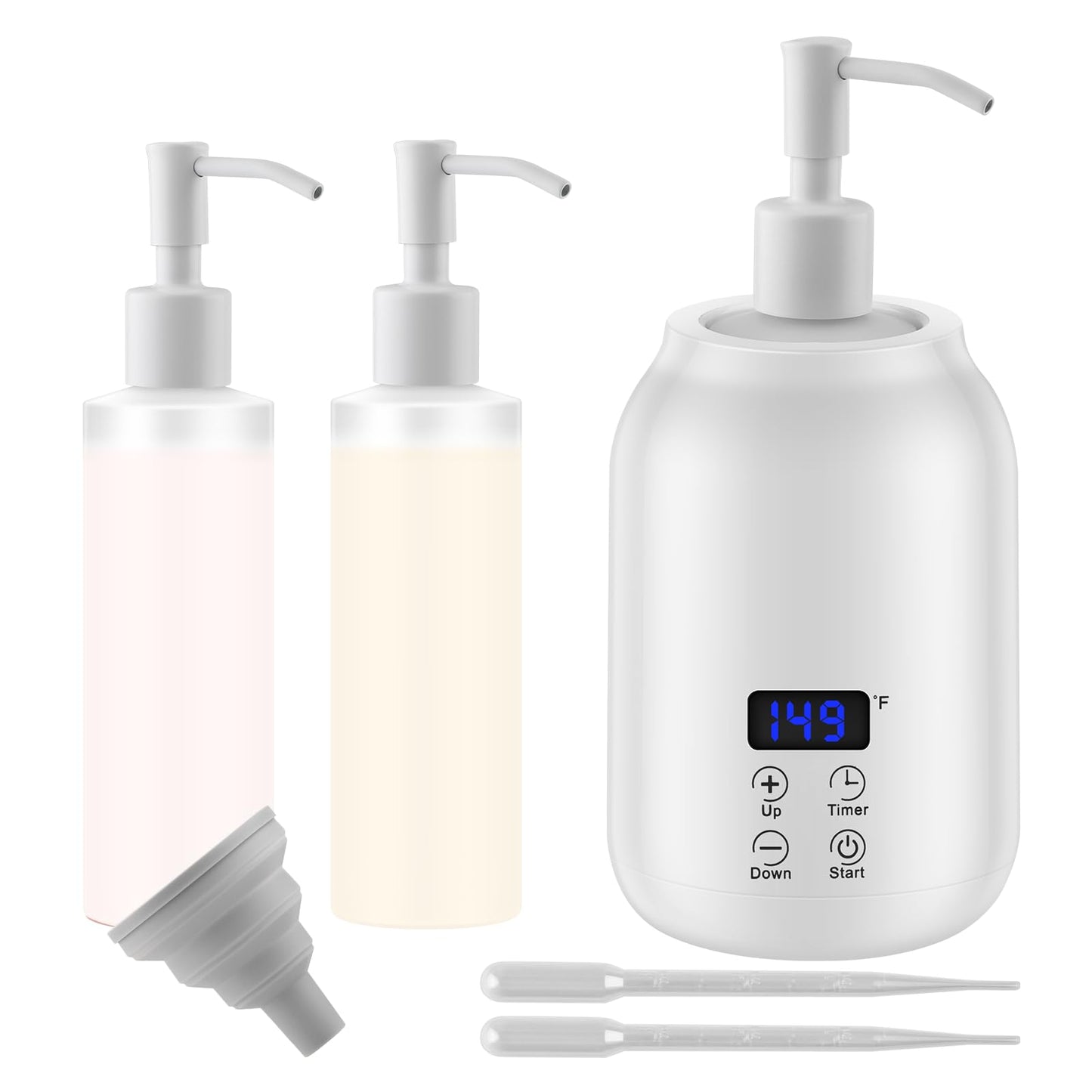Massage Oil Heater Warmer with ℃/℉ Display, 2 Dispenser Bottles, Constant Temperature - White