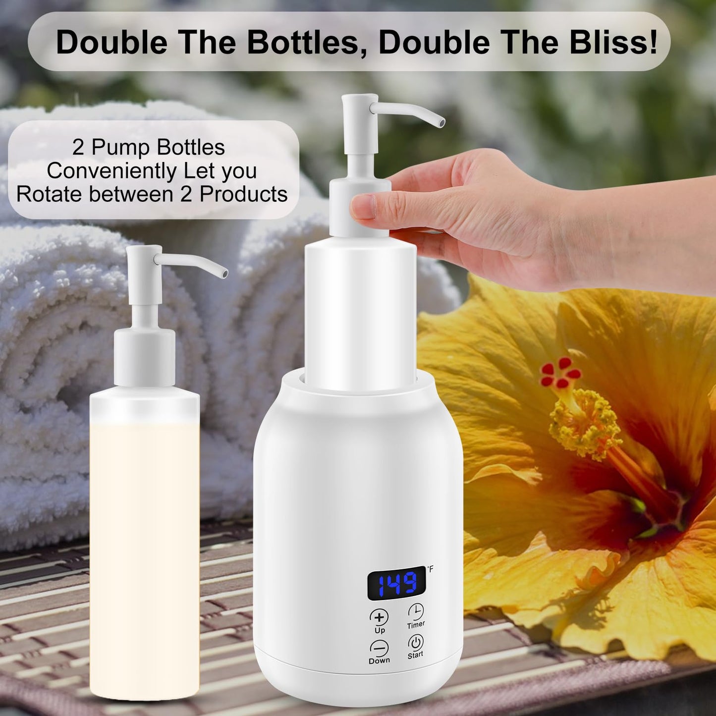 Massage Oil Heater Warmer with ℃/℉ Display, 2 Dispenser Bottles, Constant Temperature - White