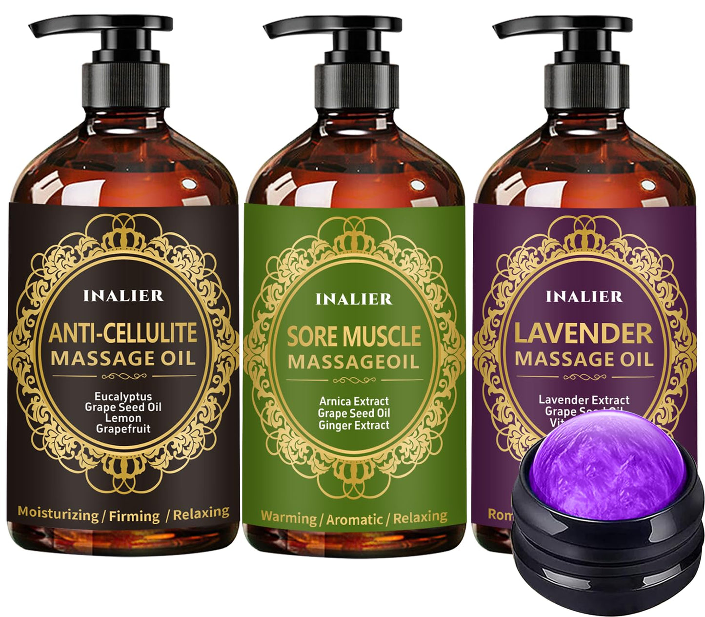 Massage Oil for Therapy - 3-Pack Gift Set with Ginger, Arnica & Lavender