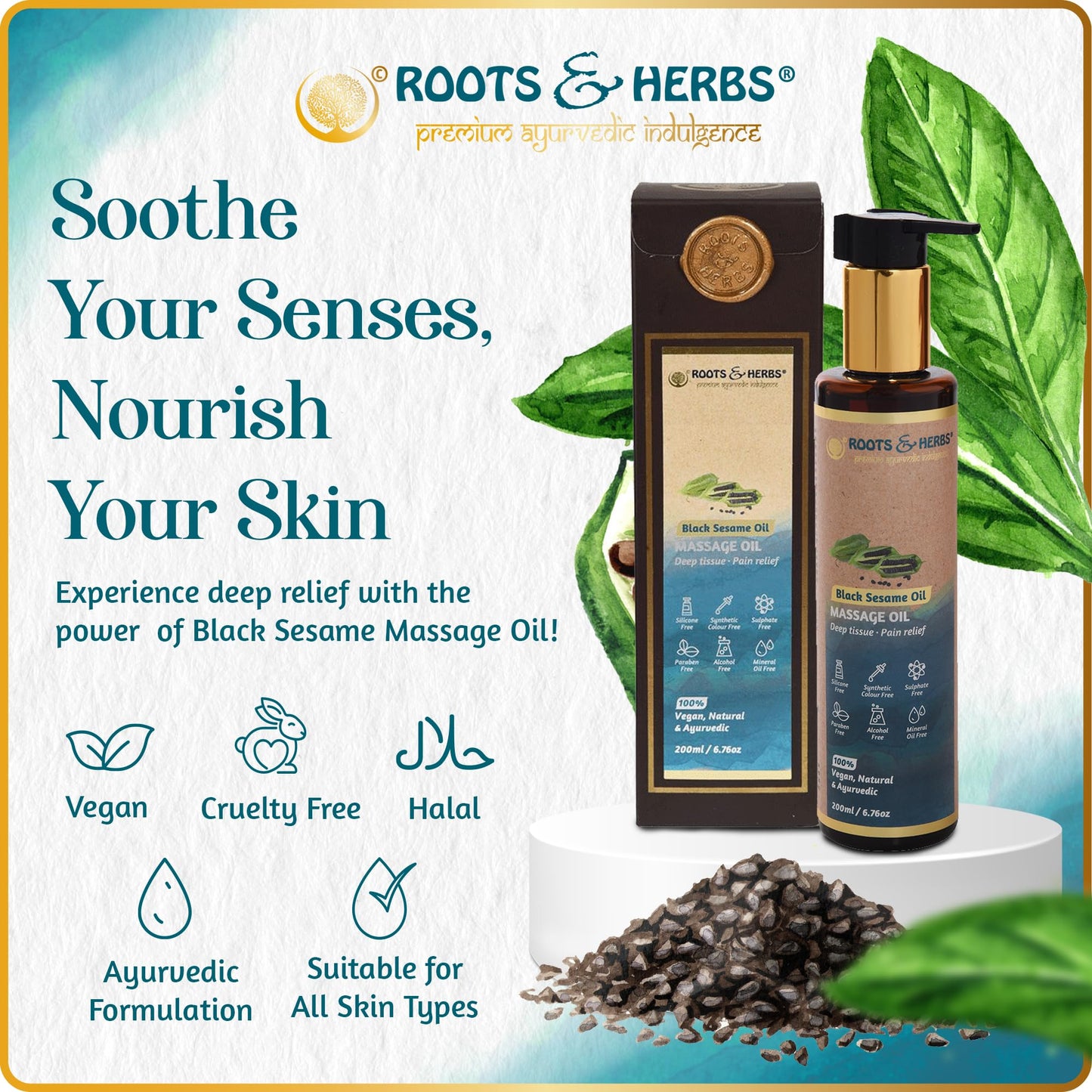 Black Sesame Seed Oil - Body Massage Oil with Cold-Pressed Black Seed & Ayurvedic Herbs | Roots and Herbs