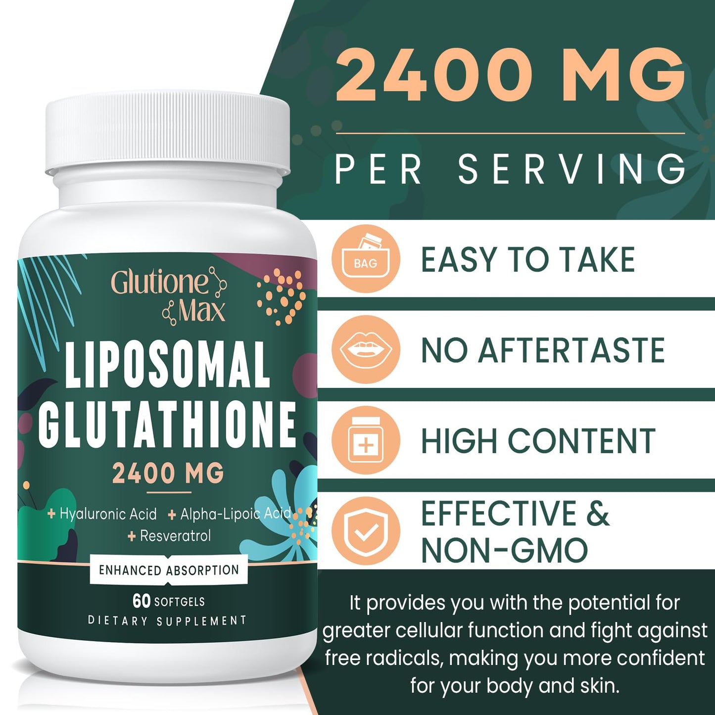 8-in-1 Liposomal Glutathione 2400 MG – High-Absorption Antioxidant Formula (120 Softgels) with Hyaluronic Acid, Alpha-Lipoic Acid & Resveratrol