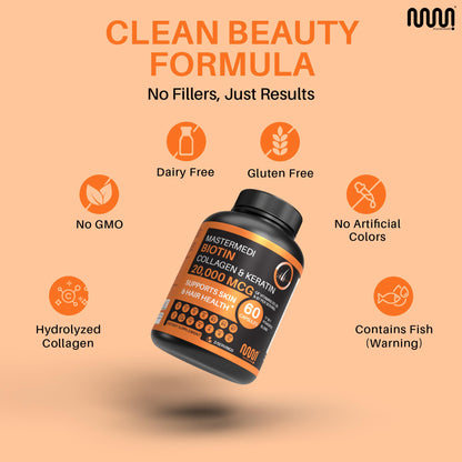 Mastermedi Biotin 20,000mcg with Collagen & Hyaluronic Acid – Hair, Skin & Nails (60 Capsules, 2-Month Supply)