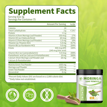 Organic Moringa & Matcha Powder – Multi-Green Superfoods for Energy, Digestion, Antioxidants | 8 oz