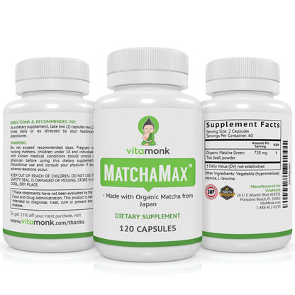MATCHAMAX Organic Japanese Matcha Capsules | Pure Organic Green Tea Pills for Energy, Calm Focus & Antioxidants | Vegan | 120ct