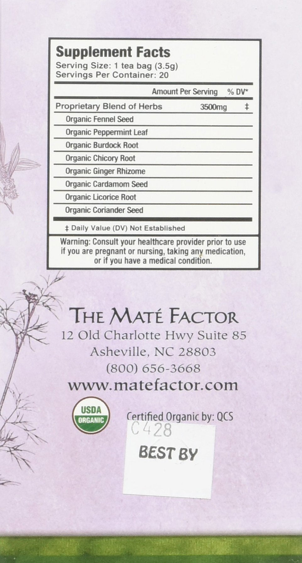 Mate Factor Functional Herbal Blends - Digestive Tea with Prebiotics (20 Bags)