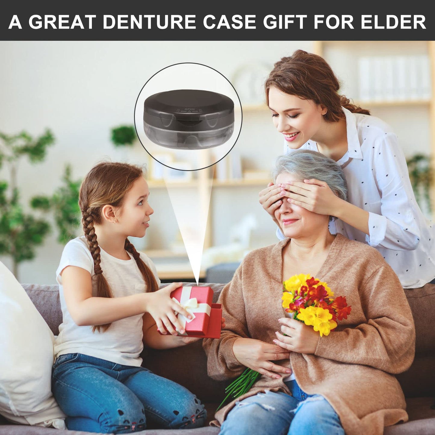 Leak-Proof Denture Case with Mirror - Travel Bath Box Grey