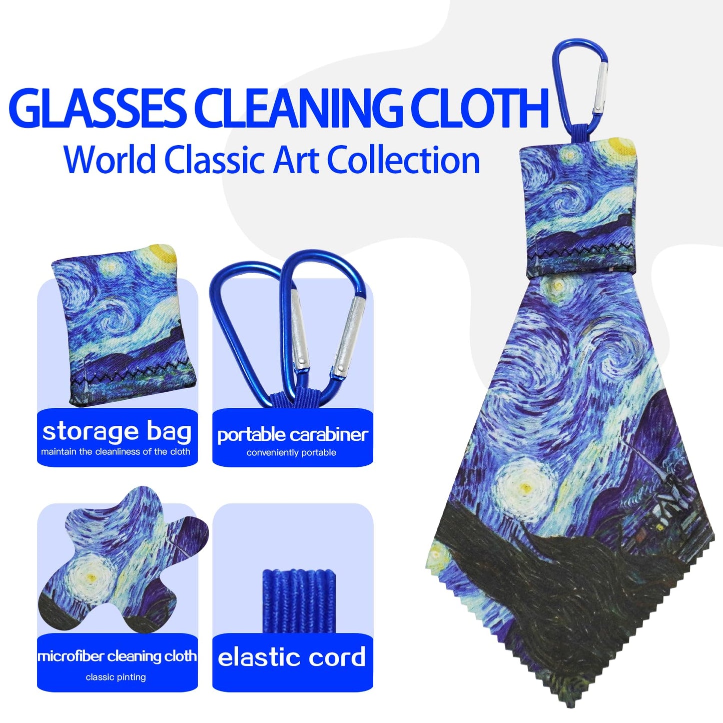 4Pcs Glasses Cleaning Cloth – Art Print Microfiber, Pouch & Clip-On