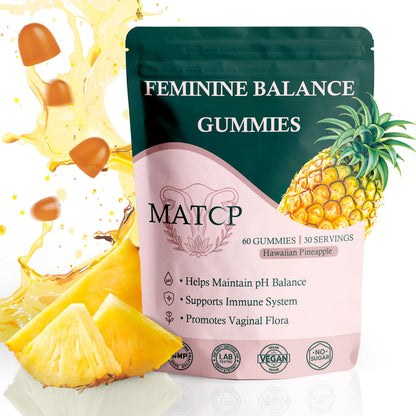 MATOP Premium Feminine Balance Gummies for Women - pH Balance, Vaginal Probiotic, Pineapple Flavor | Vegan & Gluten-Free | 60 Gummies (30 Servings)