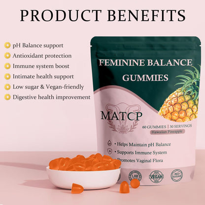 MATOP Premium Feminine Balance Gummies for Women - pH Balance, Vaginal Probiotic, Pineapple Flavor | Vegan & Gluten-Free | 60 Gummies (30 Servings)